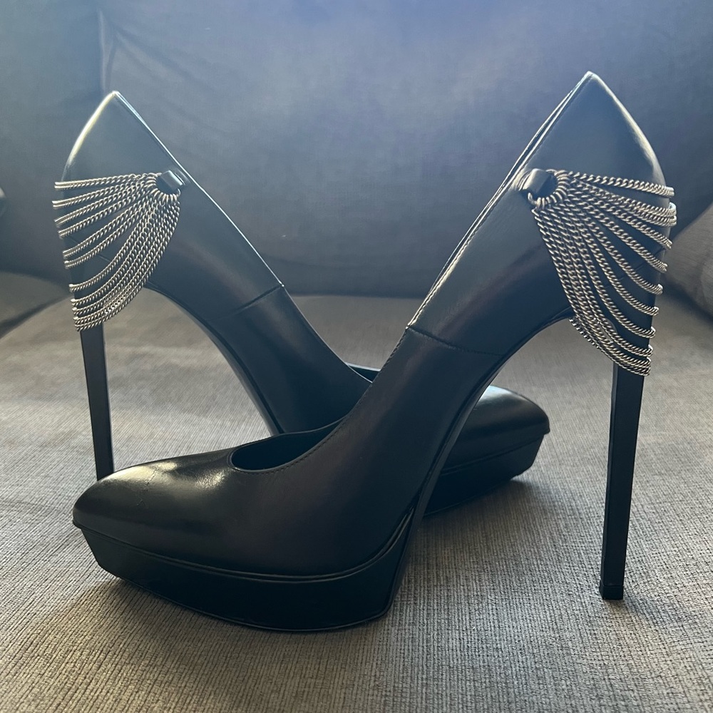 YSL Saint Laurent Black Platform Chain Heel Pumps